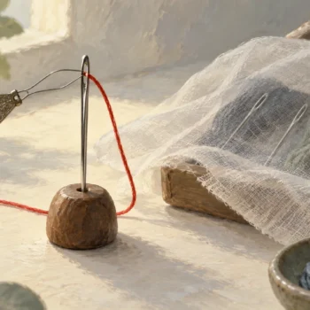 A needle threader drawing one strand through one eye beside covered needles