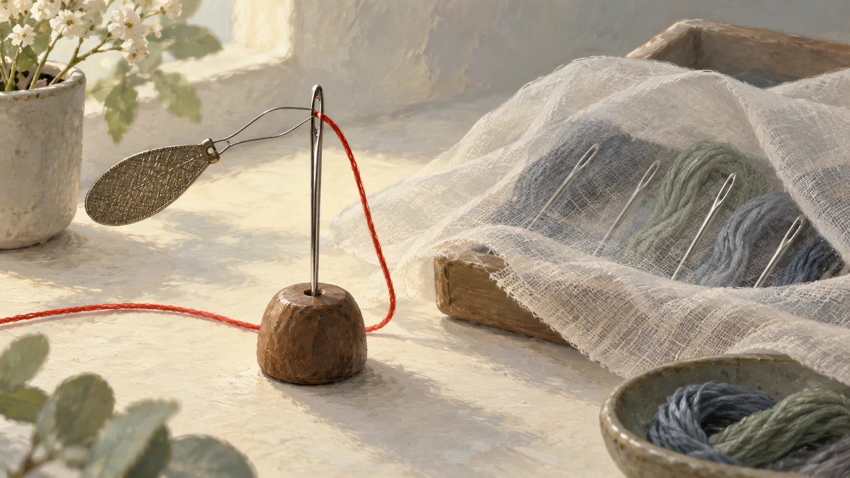 A needle threader drawing one strand through one eye beside covered needles