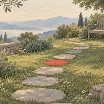 Gouache painting of stepping stones winding through a garden to a bench with an open book, one stone painted vermilion.