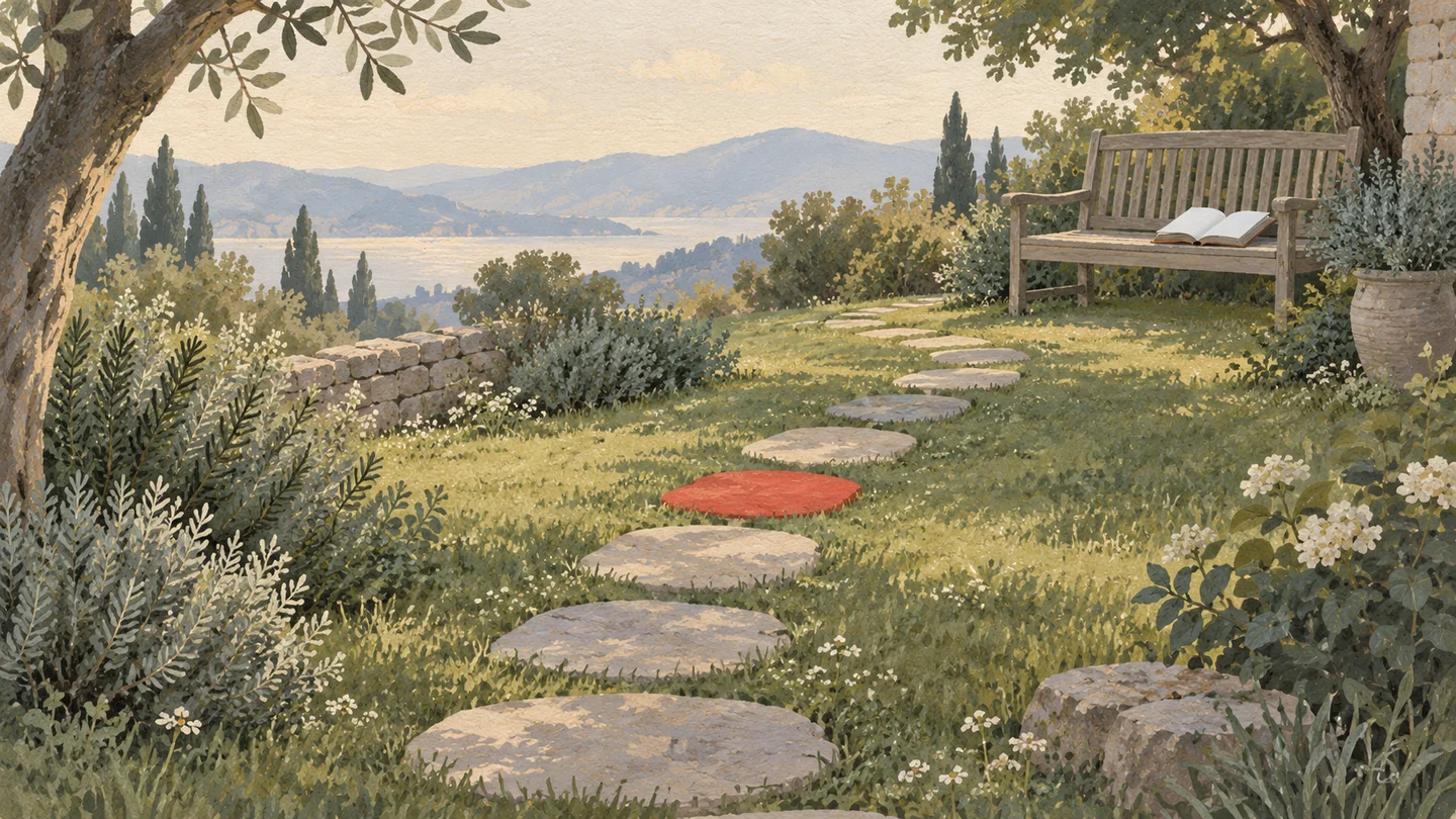 Gouache painting of stepping stones winding through a garden to a bench with an open book, one stone painted vermilion.