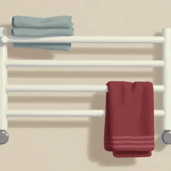 A swing-arm towel rail with some arms swung out holding towels and others folded flat, one red towel.