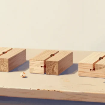 Three small cleanly cut wooden joints side by side on a workshop bench, with a curl of wood shaving beside them.