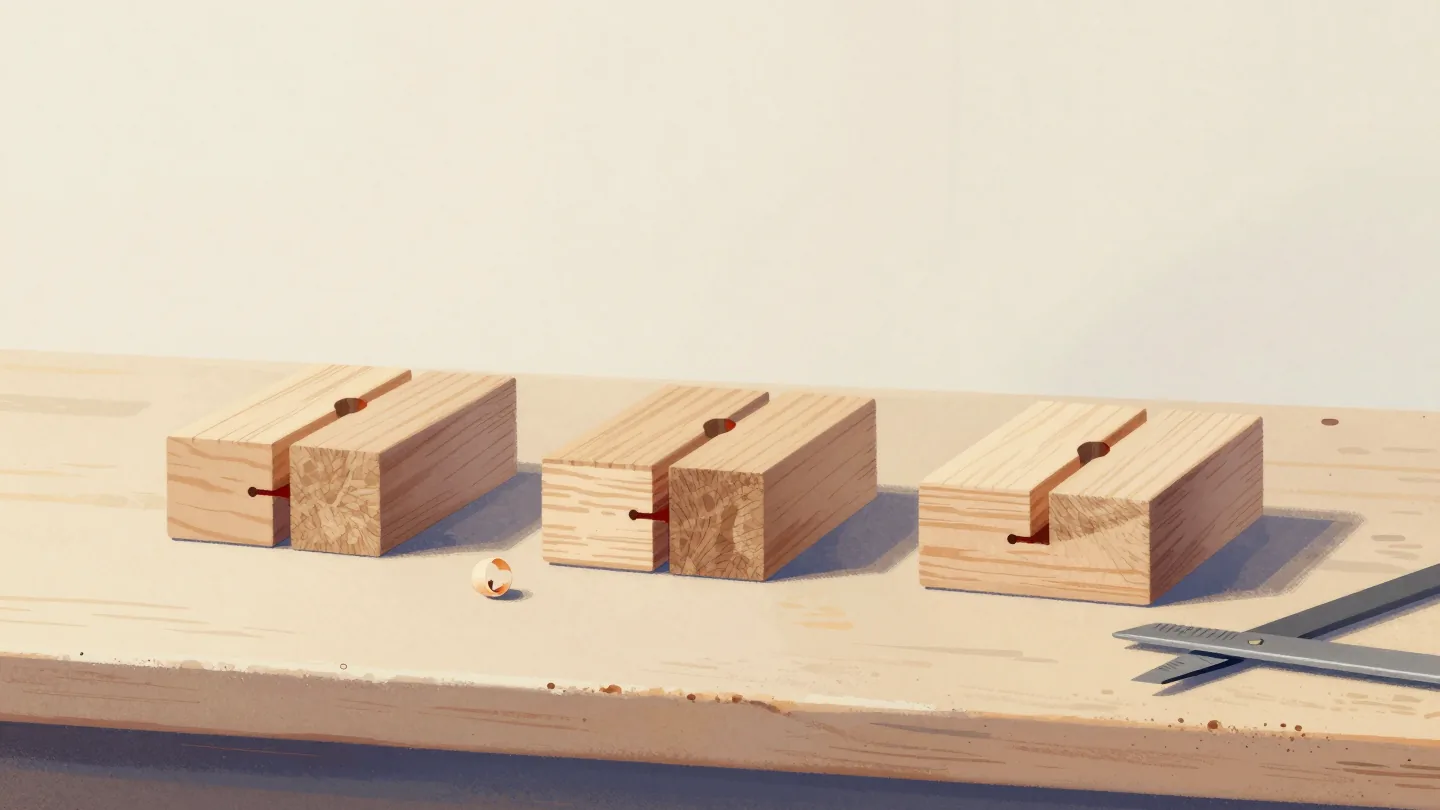 Three small cleanly cut wooden joints side by side on a workshop bench, with a curl of wood shaving beside them.