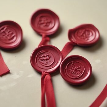 Red wax seals with ribbons on parchment, certifications earned
