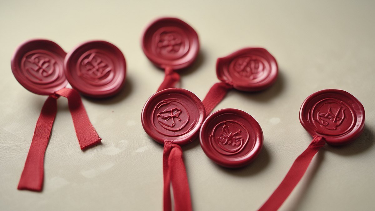 Red wax seals with ribbons on parchment, certifications earned