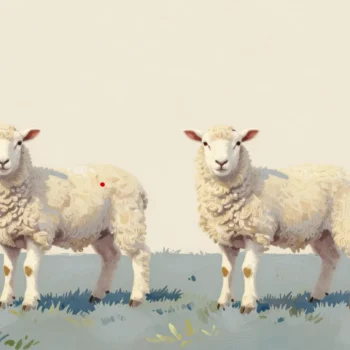 Two twin lambs in a field, a hand parting the wool on one to reveal a small red mark