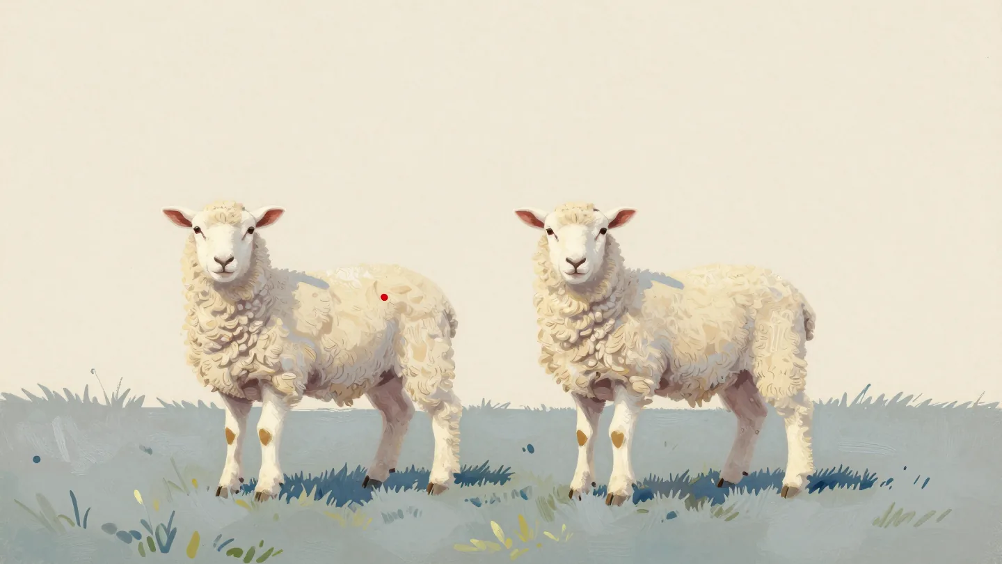 Two twin lambs in a field, a hand parting the wool on one to reveal a small red mark