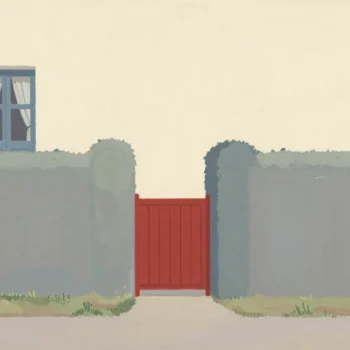 A private path through a hedge to a red side gate, the front door shut