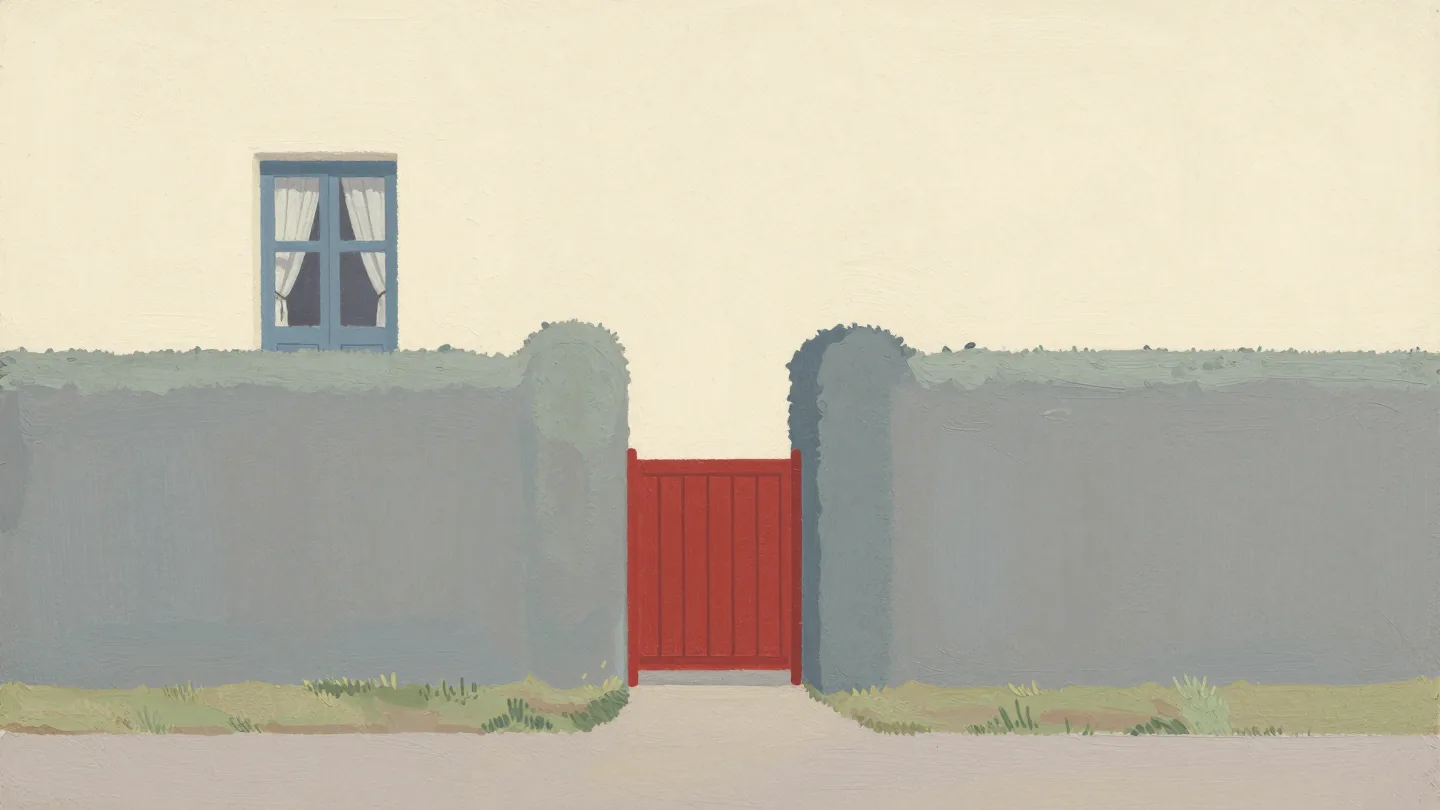 A private path through a hedge to a red side gate, the front door shut