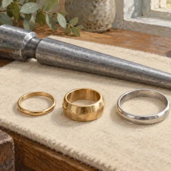 An unmarked ring mandrel beside rings with differing diameter and thickness