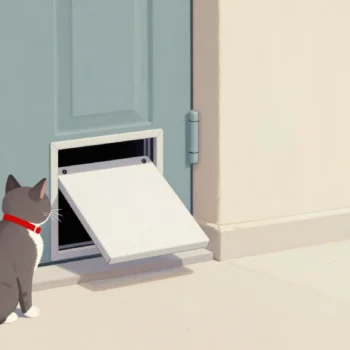 A cat with a red collar passes through a cat flap while a stray waits outside.