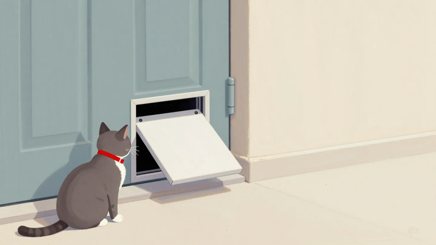 A cat with a red collar passes through a cat flap while a stray waits outside.