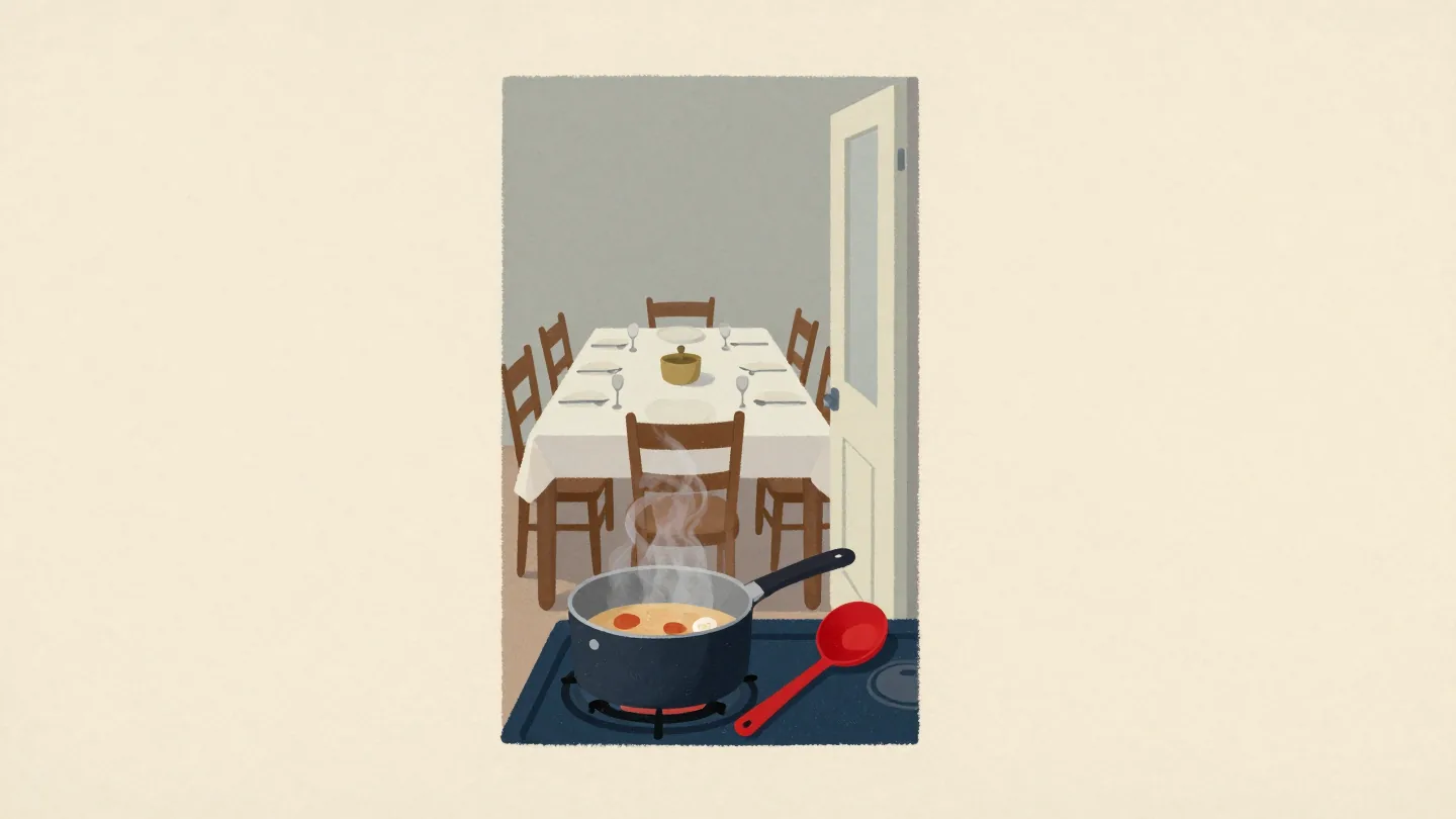 A small saucepan of stew on a stove, with a long dining table set for many guests visible through a doorway.