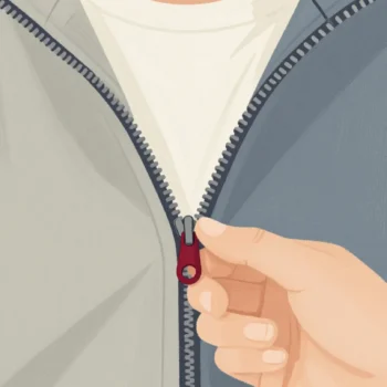 A hand trying to close a zip whose two sides do not match, the red pull stuck.