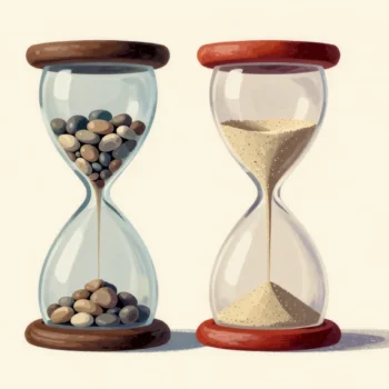 Two hourglasses, one dropping coarse pebbles and one pouring fine sand, the fine one on a red base