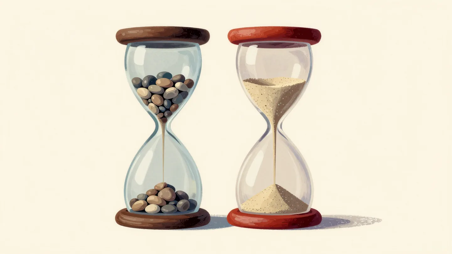 Two hourglasses, one dropping coarse pebbles and one pouring fine sand, the fine one on a red base