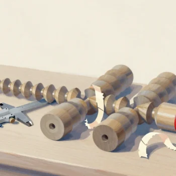 Steel calipers gripping the widest of three turned wooden spindles on a workbench scattered with shavings.