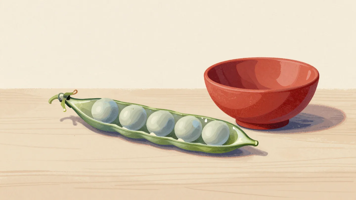 An open pea pod with five peas and an empty stretch at the end beside a red bowl.