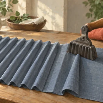A fluting iron shaping one pleat while the other pleats remain untouched
