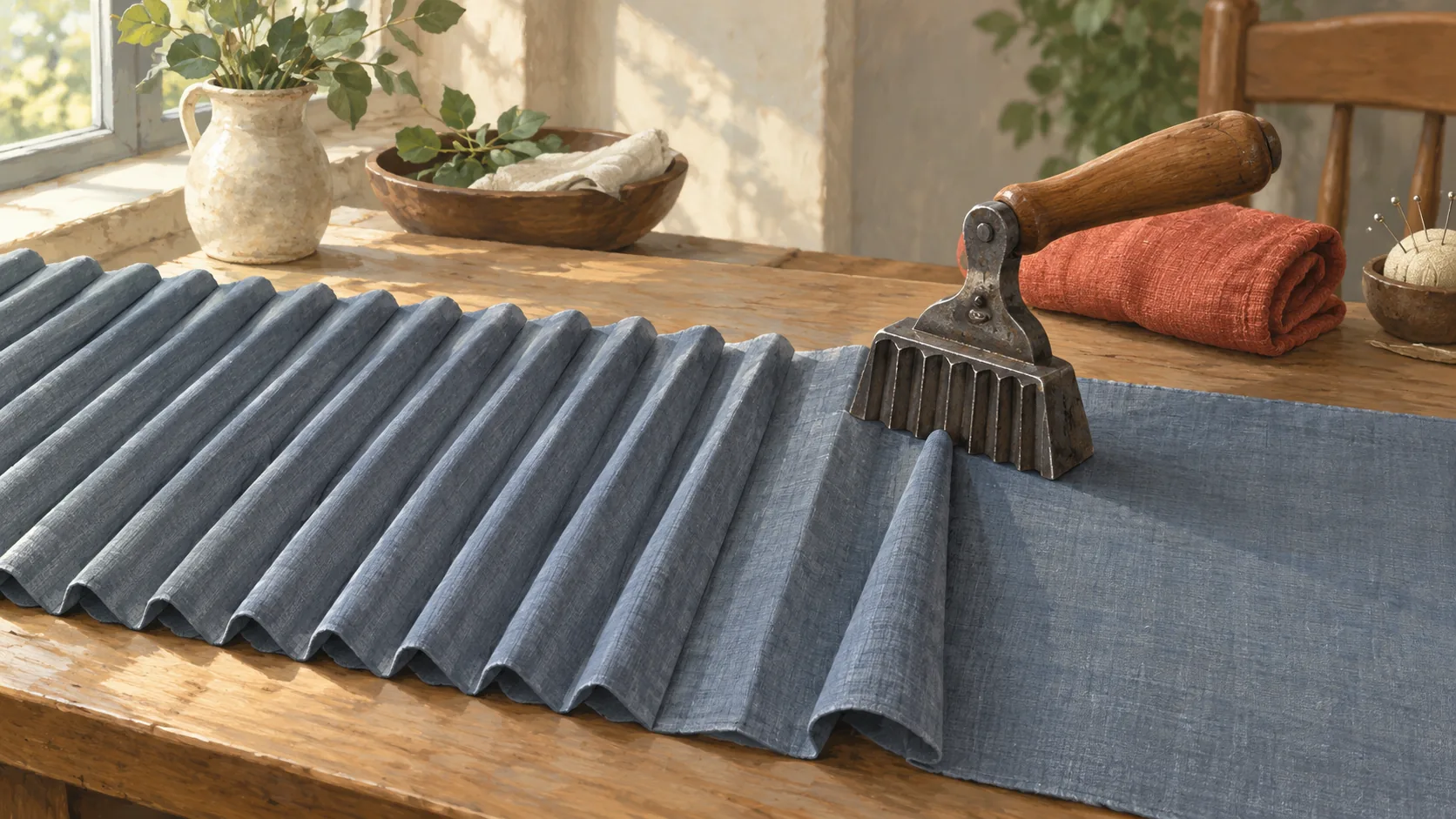 A fluting iron shaping one pleat while the other pleats remain untouched
