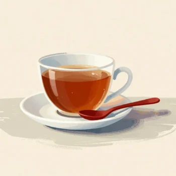 An overfilled teacup with tea spilled into its saucer and a red spoon.