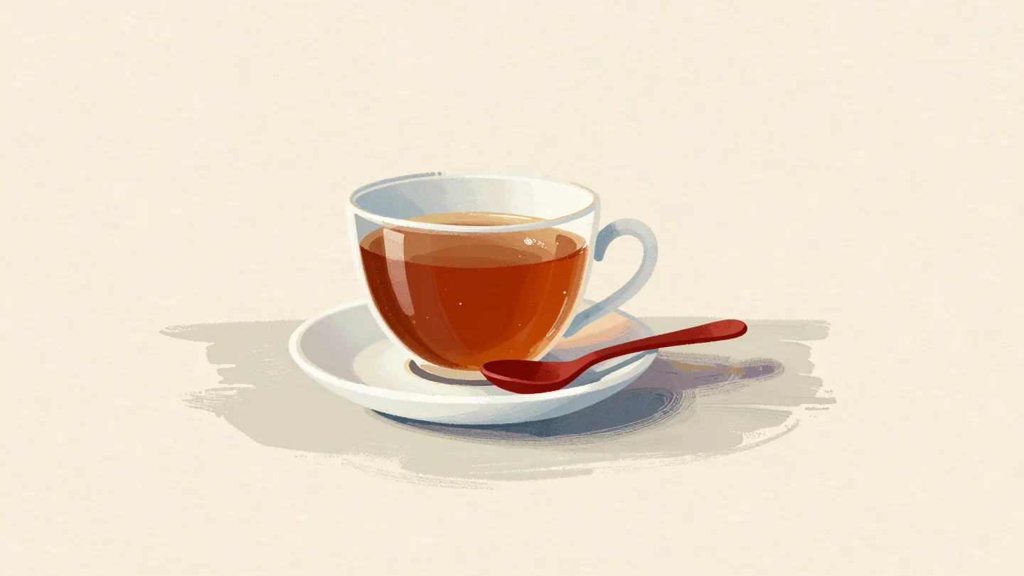 An overfilled teacup with tea spilled into its saucer and a red spoon.