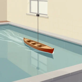 A small wooden model ship hull towed through a long indoor test tank, leaving a clean wake behind it.
