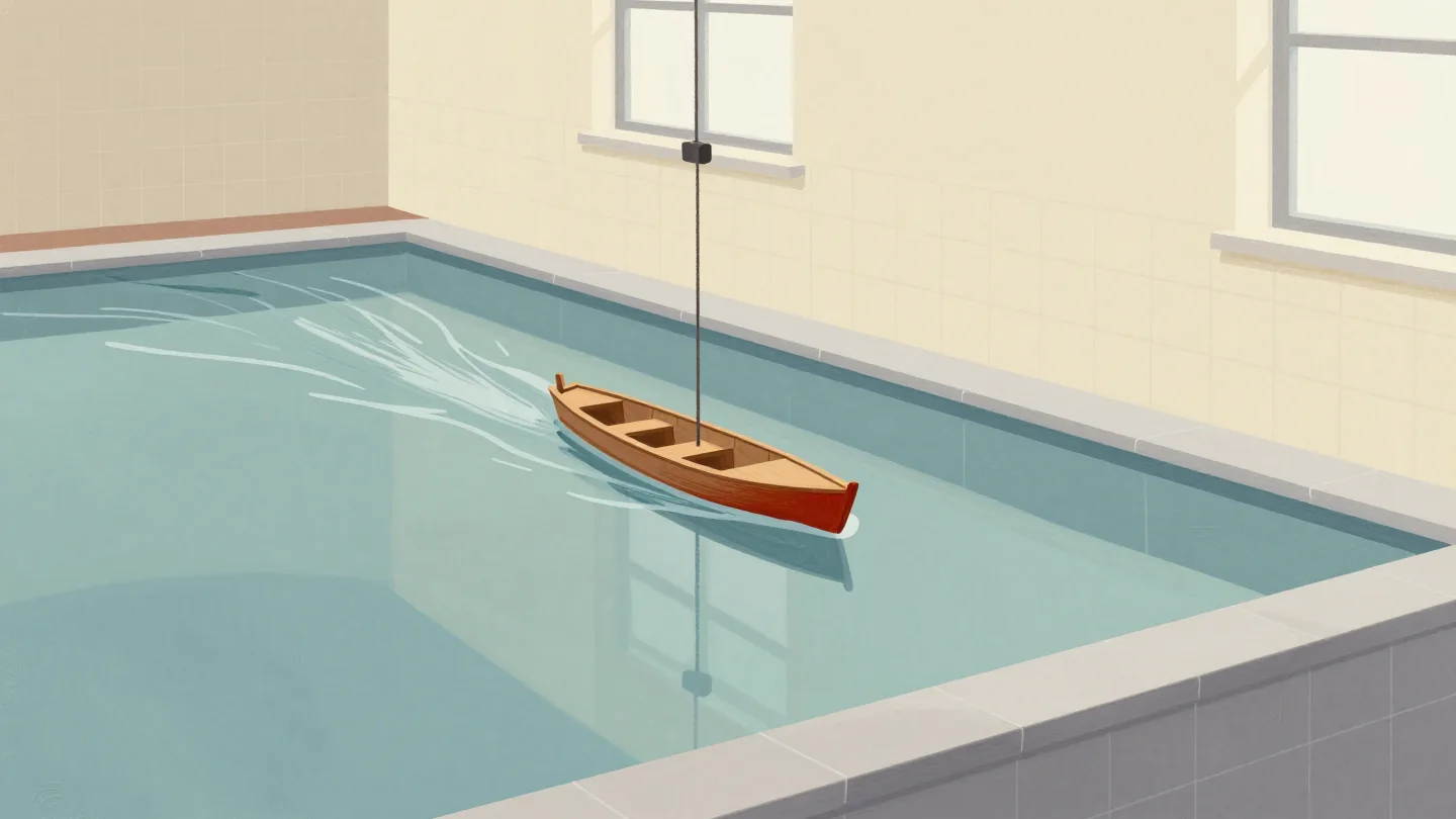 A small wooden model ship hull towed through a long indoor test tank, leaving a clean wake behind it.
