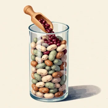 A glass vase of beans in colored layers, a scoop from the top holding only red beans.