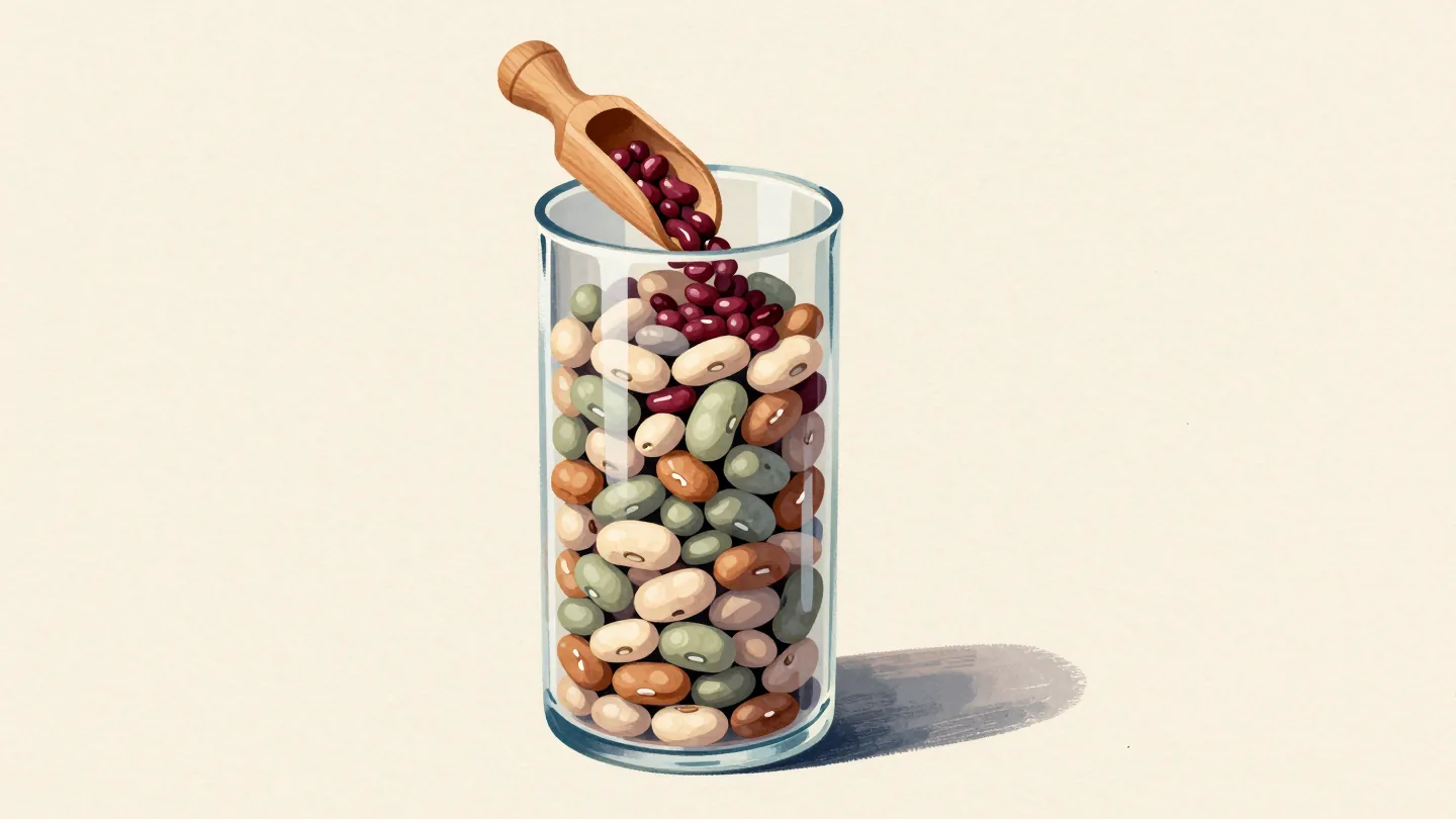 A glass vase of beans in colored layers, a scoop from the top holding only red beans.