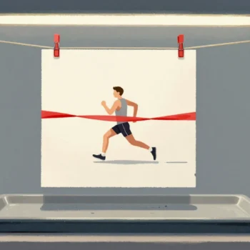 A fresh photo print of a runner at the finish hanging to dry by a red clip in a darkroom