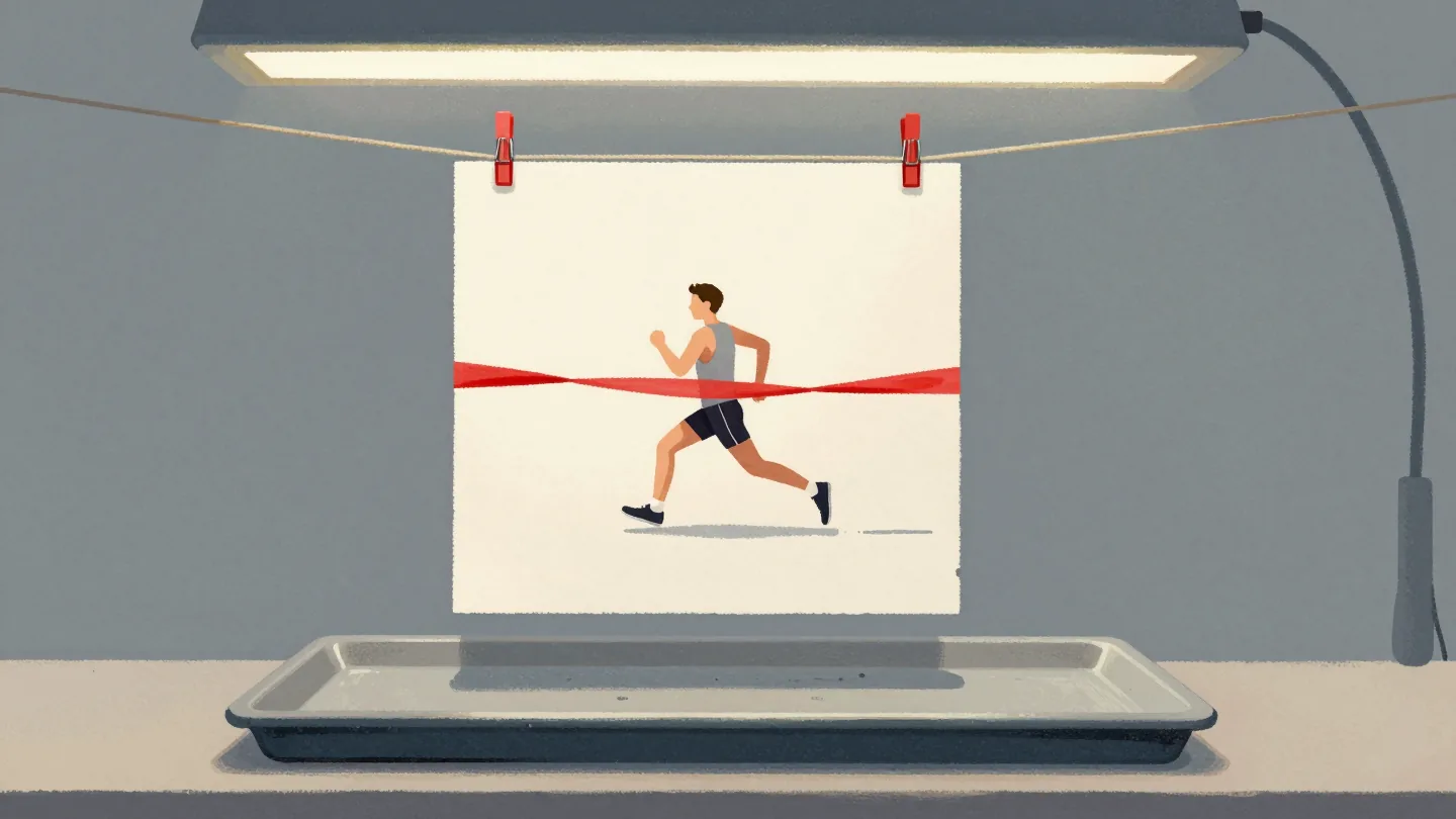 A fresh photo print of a runner at the finish hanging to dry by a red clip in a darkroom