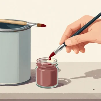 A hand drops red pigment into a small test jar of cream paint beside a large closed paint can.