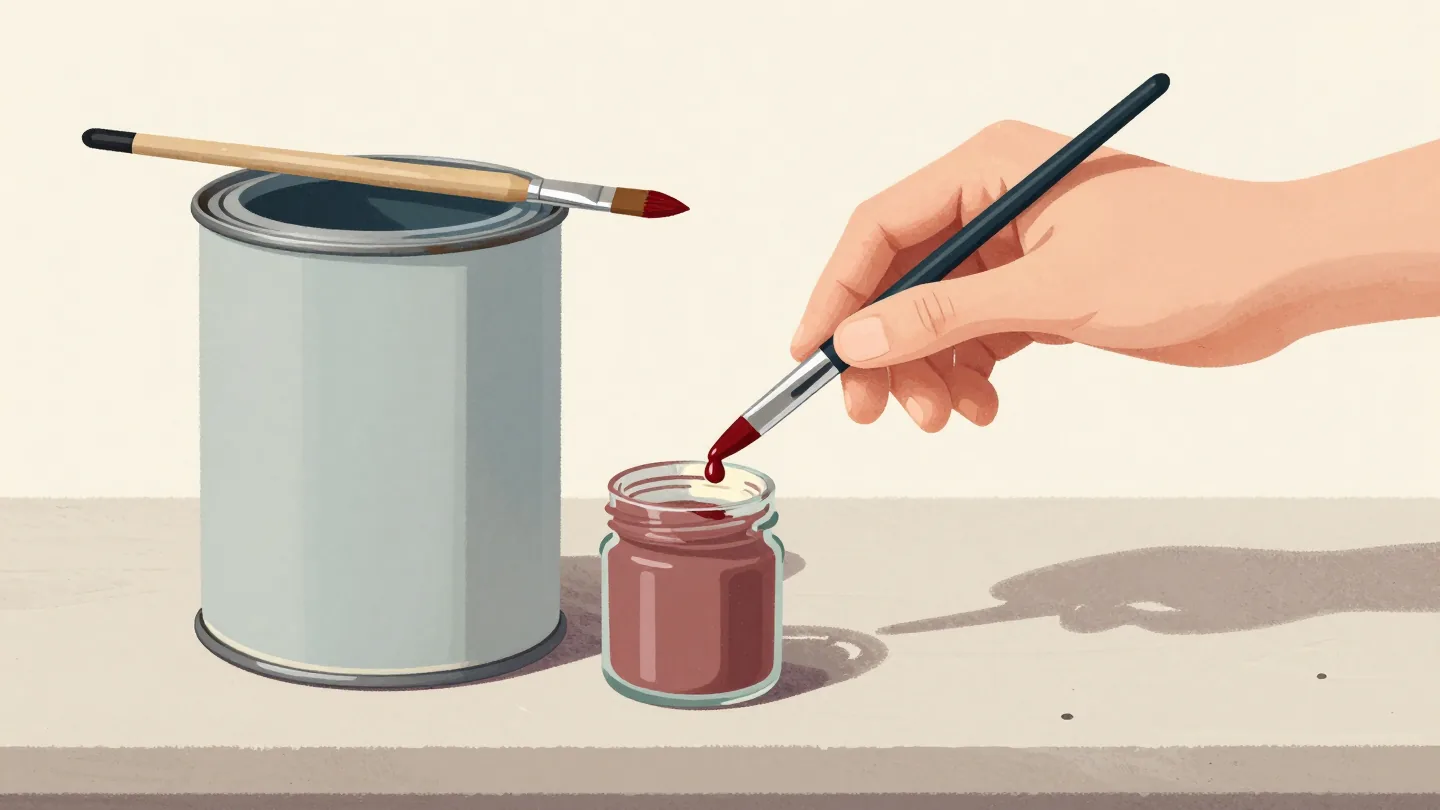 A hand drops red pigment into a small test jar of cream paint beside a large closed paint can.
