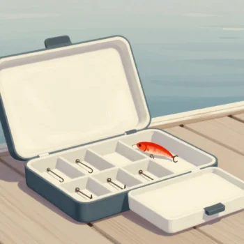 A hand picking a red lure from an open, neatly sorted tackle box