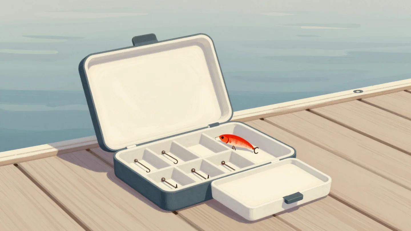 A hand picking a red lure from an open, neatly sorted tackle box