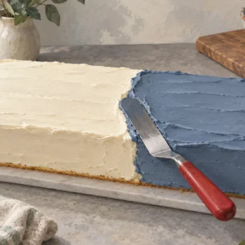 An offset icing spatula beginning a new icing section beside a finished section