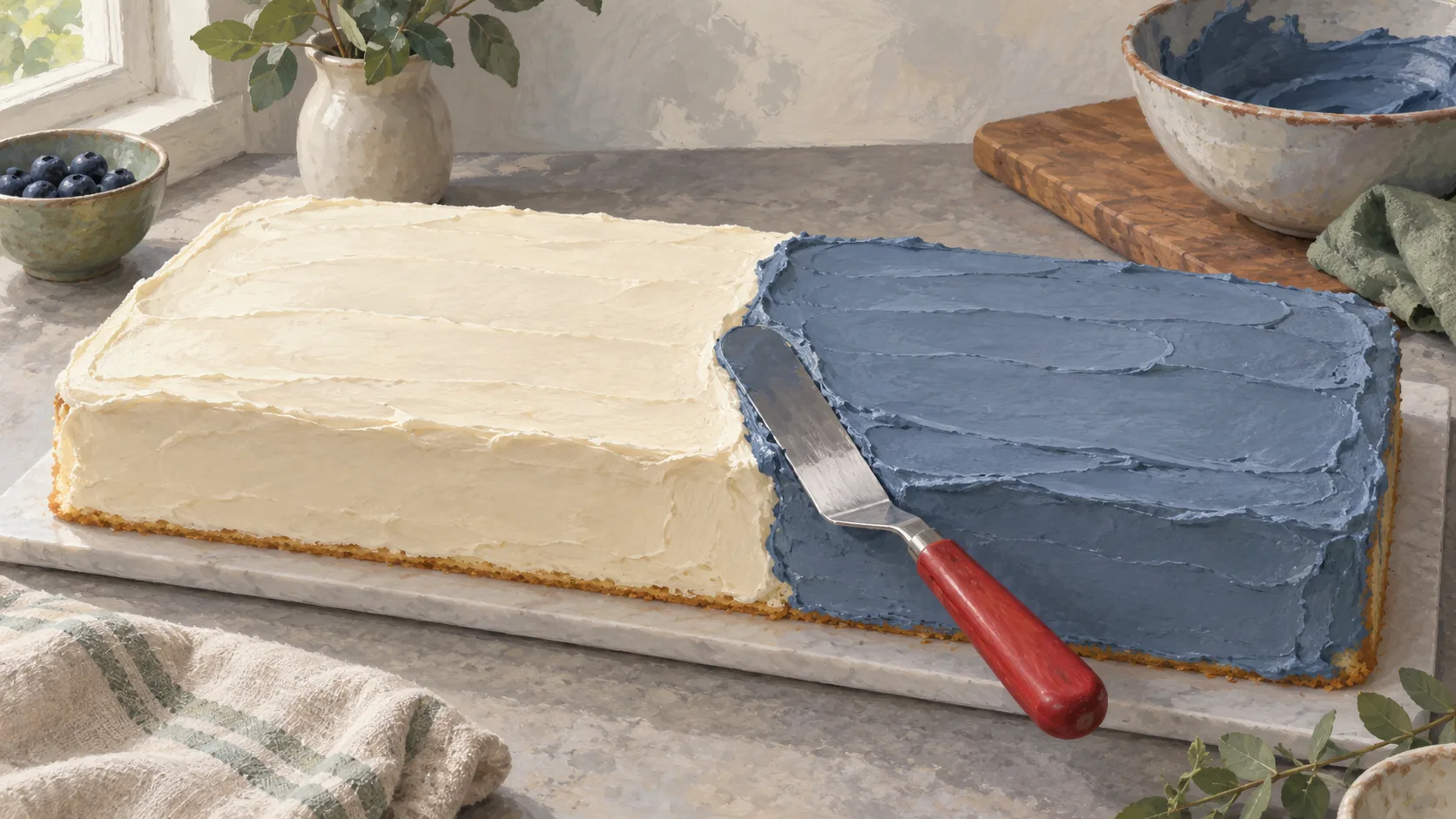 An offset icing spatula beginning a new icing section beside a finished section