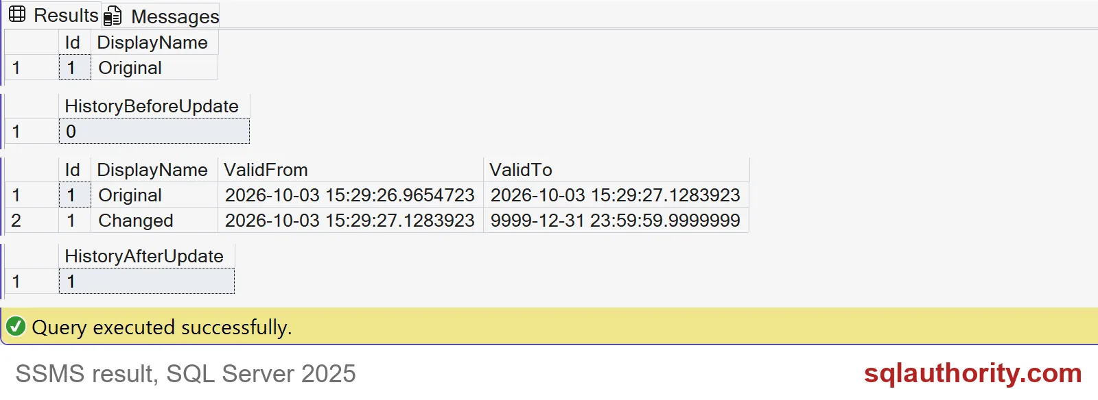 SQL Server results showing temporal history before and after an update