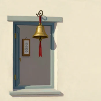 A brass bell ringing above a shop door as it opens, a tally counter beside it