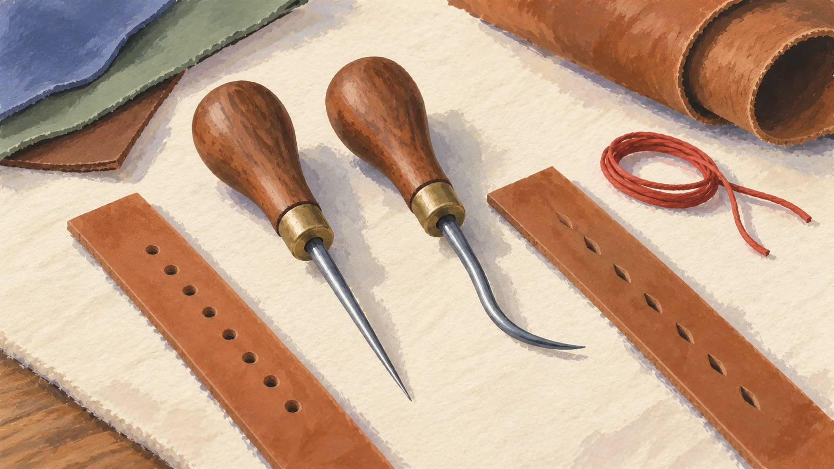 Matching-handled stitching awls with straight and curved working points