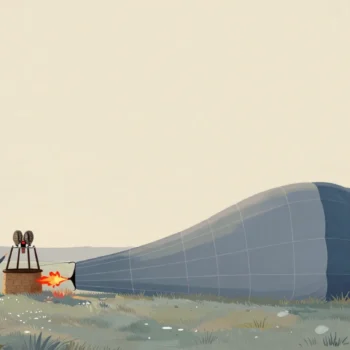 A hot air balloon lying flat on a field at dawn as a person opens the burner and a red flame starts