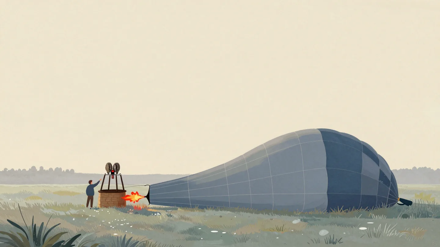 A hot air balloon lying flat on a field at dawn as a person opens the burner and a red flame starts