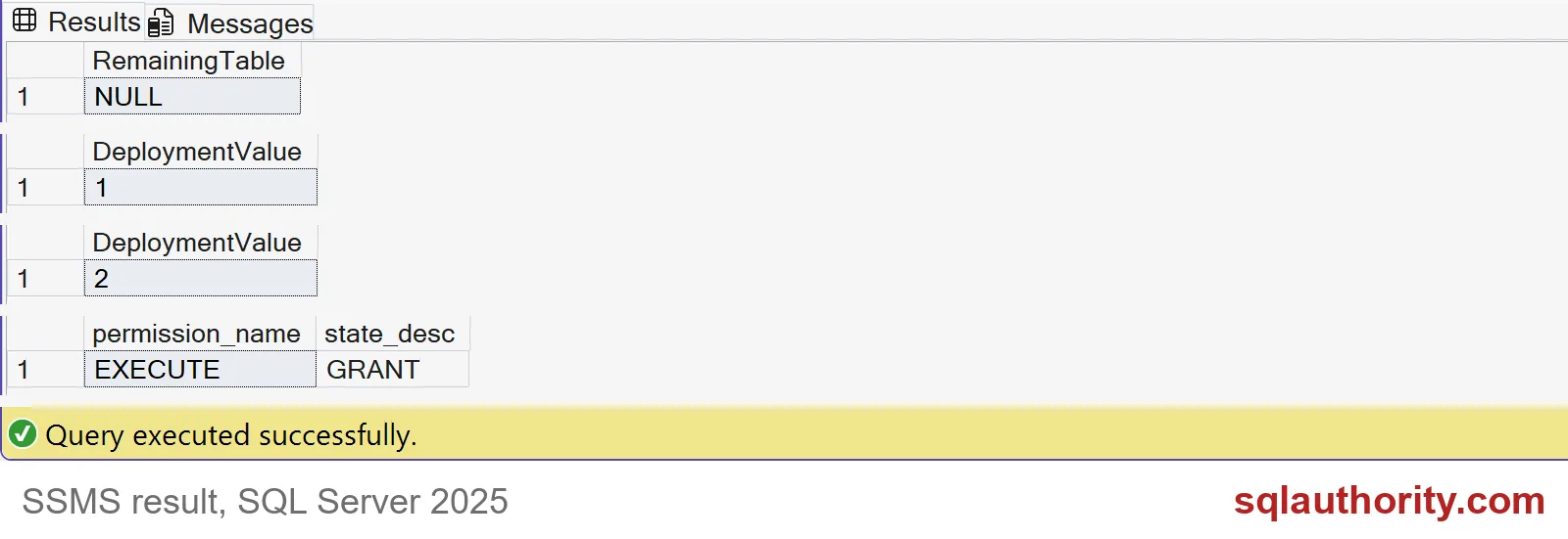 SQL Server results showing procedure revisions and the retained execution grant