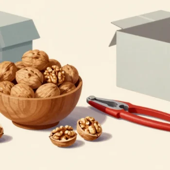 A bowl of cracked walnuts with one sealed walnut and a red nutcracker beside it.