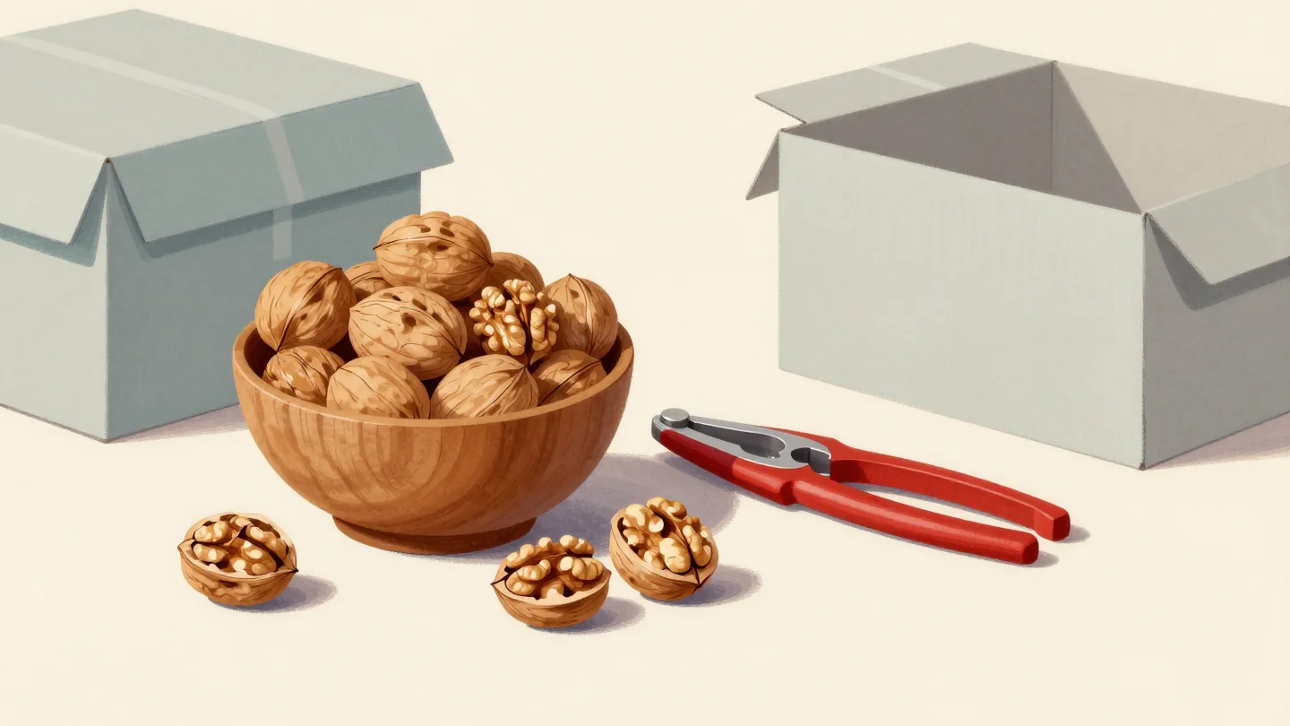 A bowl of cracked walnuts with one sealed walnut and a red nutcracker beside it.
