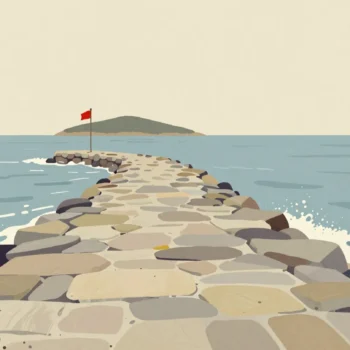 A stone causeway to a small island disappearing under the rising tide, a red flag at the shore.
