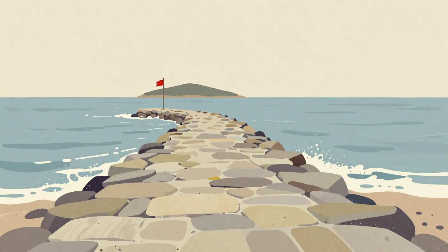 A stone causeway to a small island disappearing under the rising tide, a red flag at the shore.