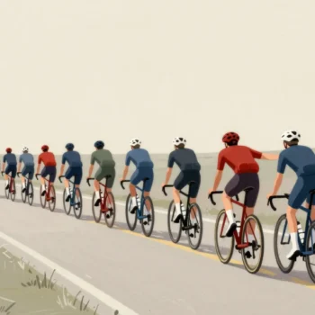 Cyclists riding in single file behind a leader in a vermilion jersey who breaks the wind for them.