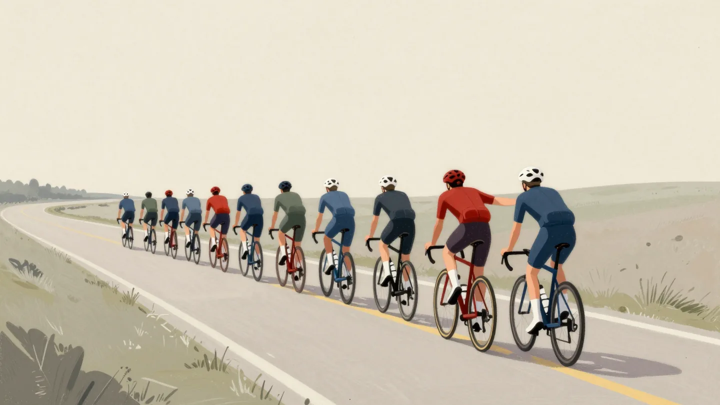 Cyclists riding in single file behind a leader in a vermilion jersey who breaks the wind for them.